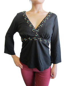 Women 3/4 V-neck Beaded Cotton Top (SELECT-1790)