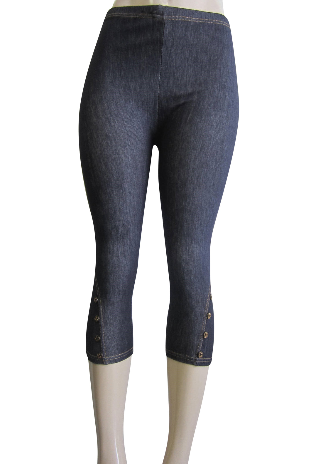 Petite Women One Size Capri Button Design Denim Look Leggings-BLUE (FAB-11251)