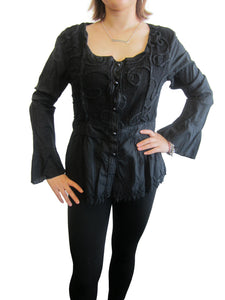 Women Button Down Jacquard Dressy Long Sleeve Top (TA-8196)