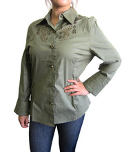 Women Cotton Poplin Stretch Button Down Long Sleeve Top with Metal Works (XS-505)